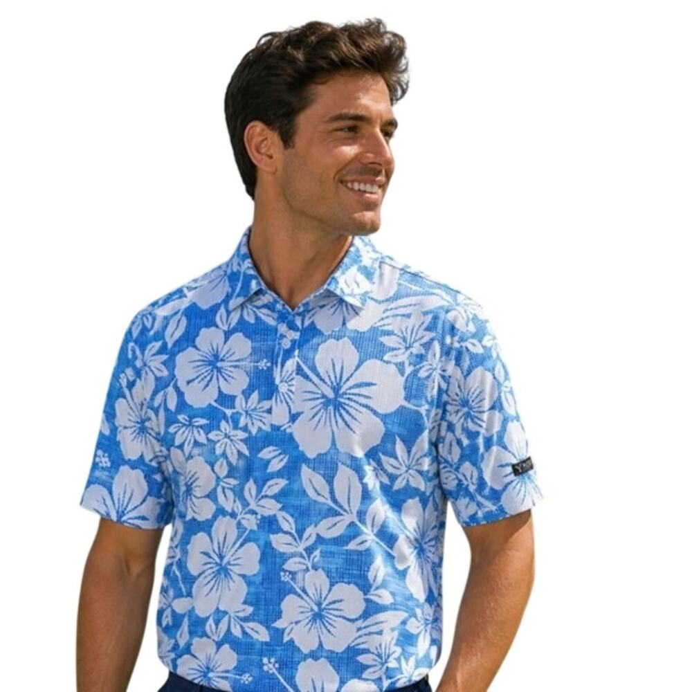Yatta Golf Kahakai Polu Blue White Floral Short Sleeve Polo Shirt Size XXL